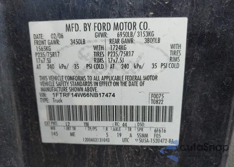 2006 Ford F-150 Stx/Xl/Xlt из США, поврежденный, VIN 1FTRF14W66NB17474